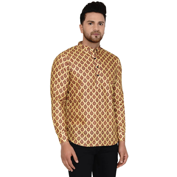 Stylish Men’s Short Kurta in Peach | Cotton with Printed Finish