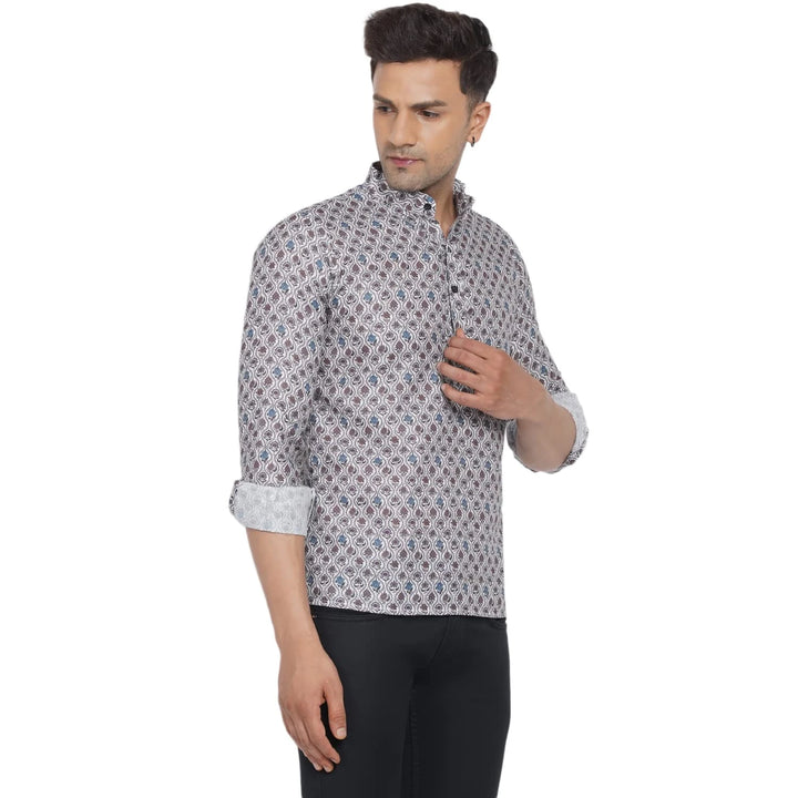 Trendy Light Gray Short Kurta | Cotton Printed for Men