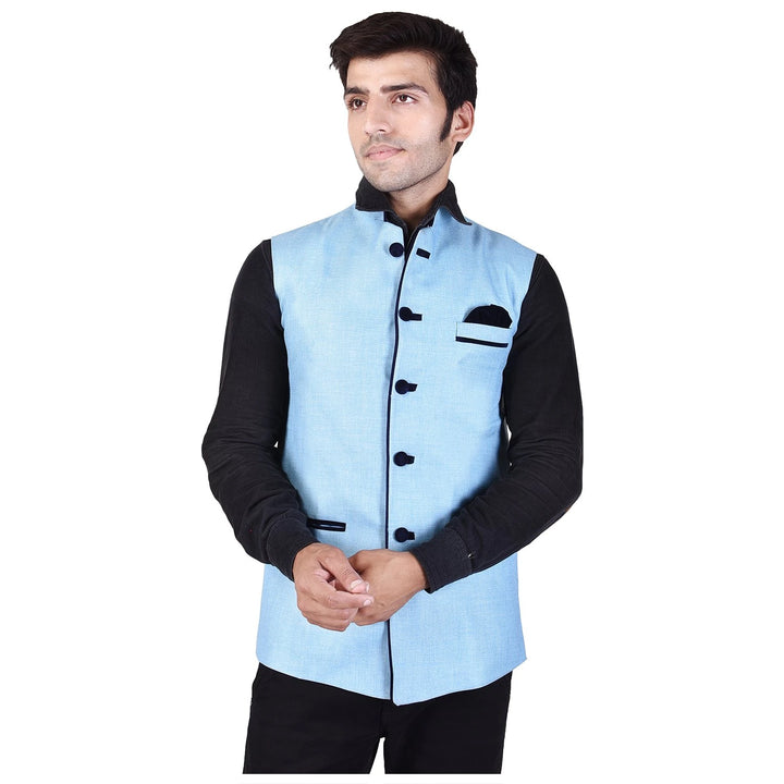Sky Blue Jute Nehru Jacket | Designer Cotton Blend Festive Wear
