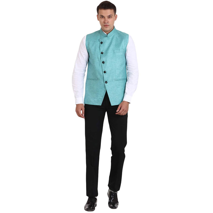 Elegant Solid Work Nehru Jacket | Cotton Jute  Chinese Collar
