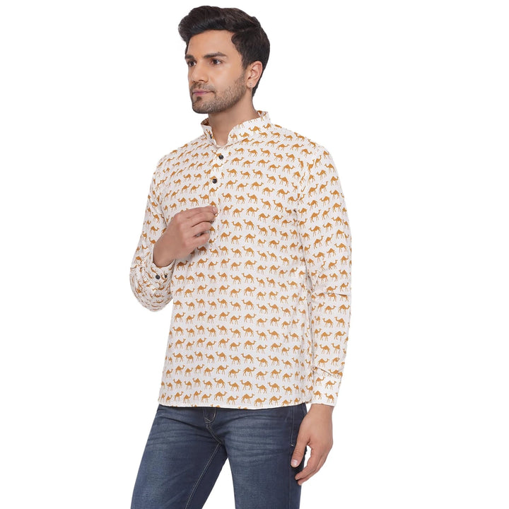 Trendy Cotton Kurta for Men | Sanganeri Camel Printed Classic