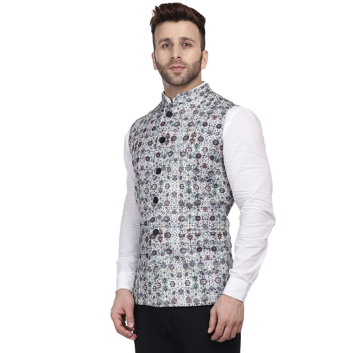 Celebration-Ready Jacket | White Cotton Nehru with Printed Edge
