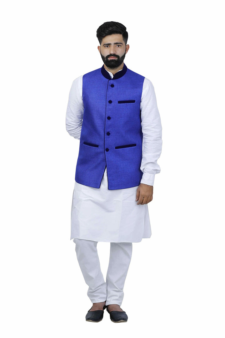 Premium Blue Nehru Jacket | Cotton Solid Festive Look