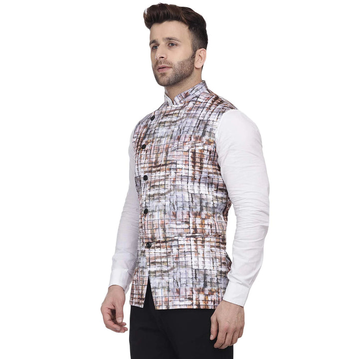 Men's Light Gray Nehru Jacket | Printed Silk Blend Elegance