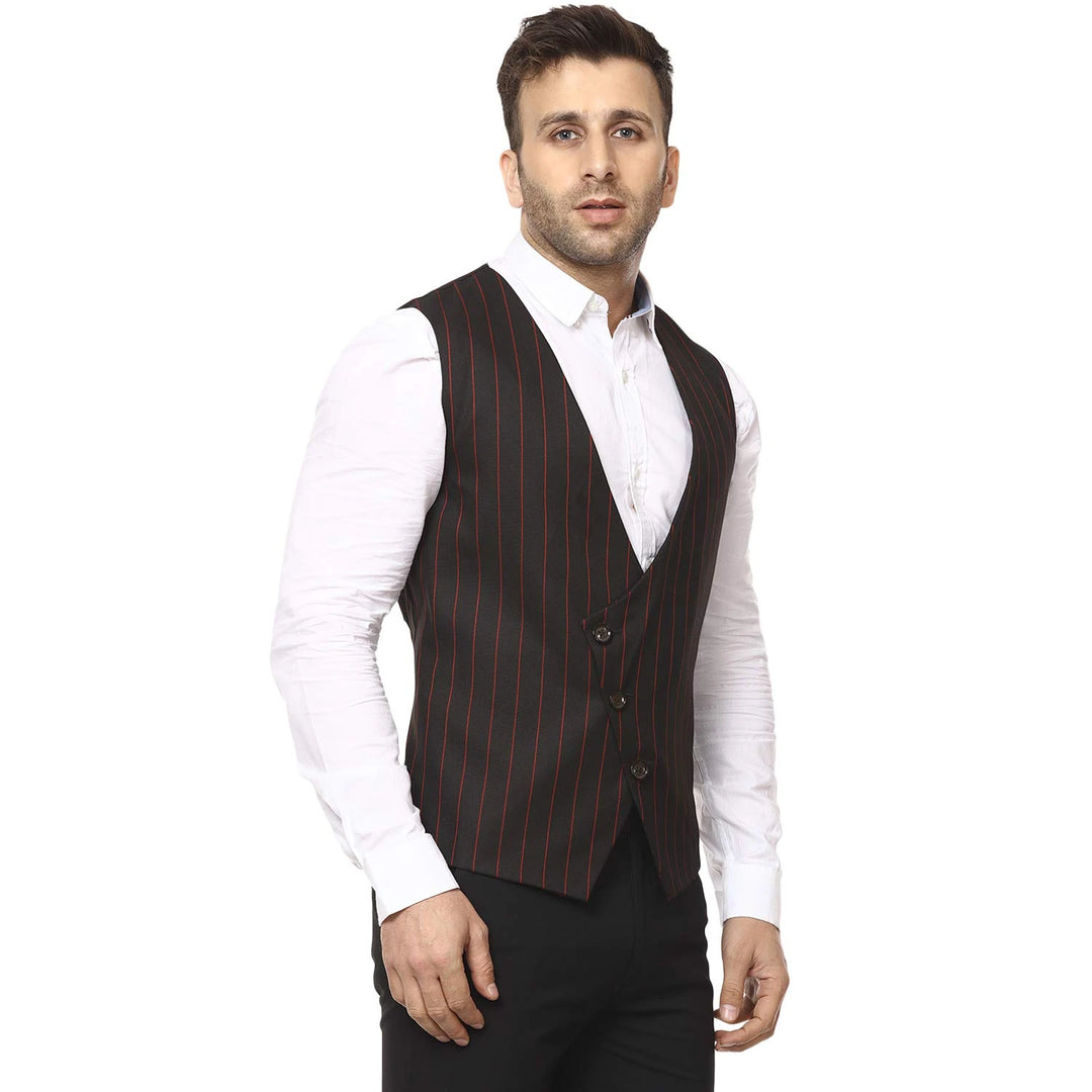 Black Striped Waist Coat | Round Neck Cotton Poly for Men