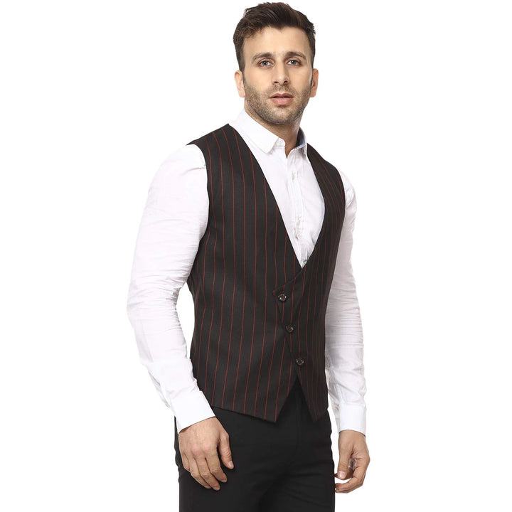Black Striped Waist Coat | Round Neck Cotton Poly for Men