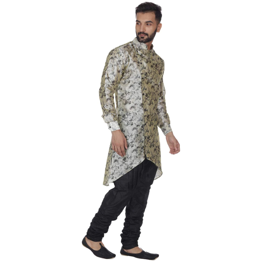 Trendy Beige Silk Kurta | Men's Dupion Silk Zig Zag Printed Kurta