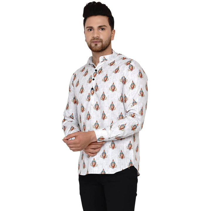Summer Cotton Short Kurta for Men | White Printed Charm