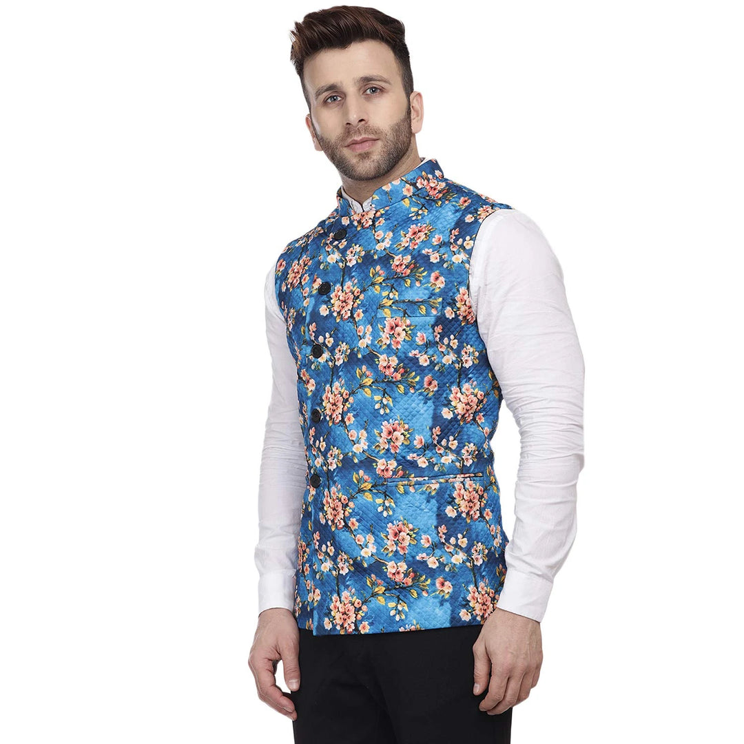 Vibrant Cotton Layers | Blue Knitted Nehru Jacket for Celebrations