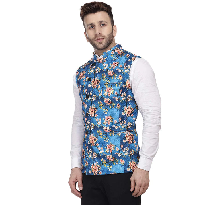 Vibrant Cotton Layers | Blue Knitted Nehru Jacket for Celebrations