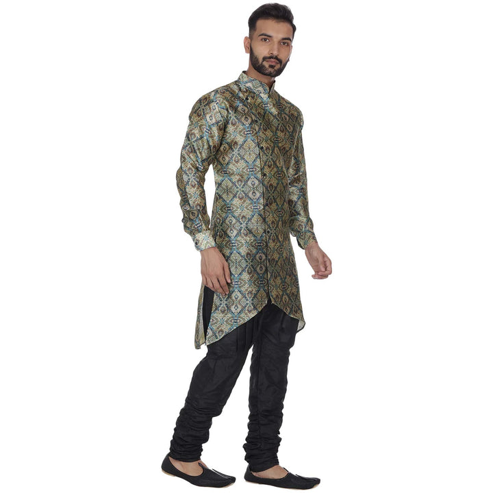 Teal Green Zing Zag Silk Kurta Set for Men | Ethnic Party Wear