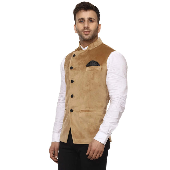 Beige Velvet Nehru Jacket | Designer Chinese Collar Style