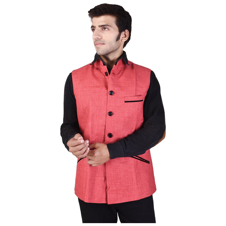 Designer Chinese Collar Nehru Jacket | Coral Pink Men's Fashion