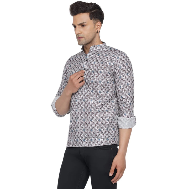 Trendy Light Gray Short Kurta | Cotton Printed for Men