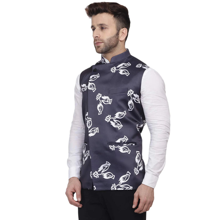 Majestic Navy Print Jacket | Ethnic Nehru Fit in Silk Blend Shine