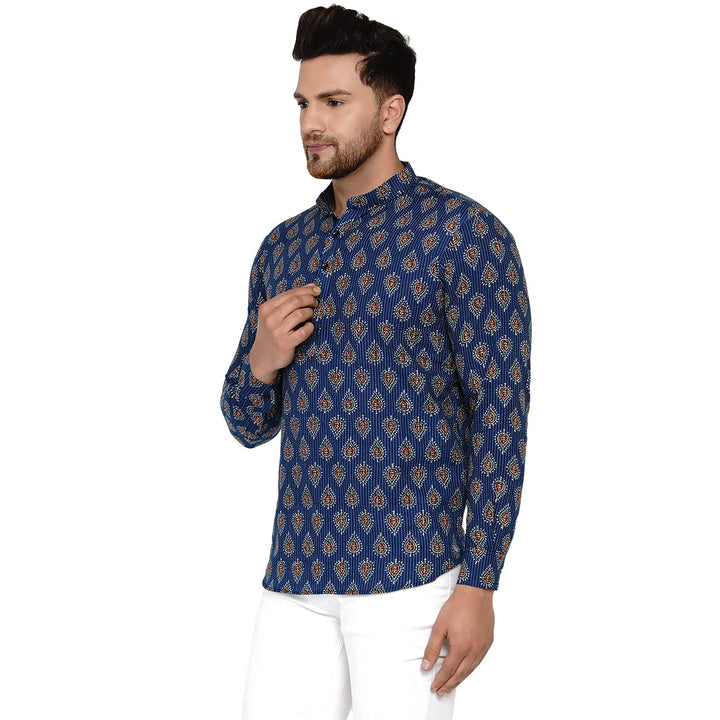 Trendy Printed Kurta for Men | Navy Cotton Short Kurta