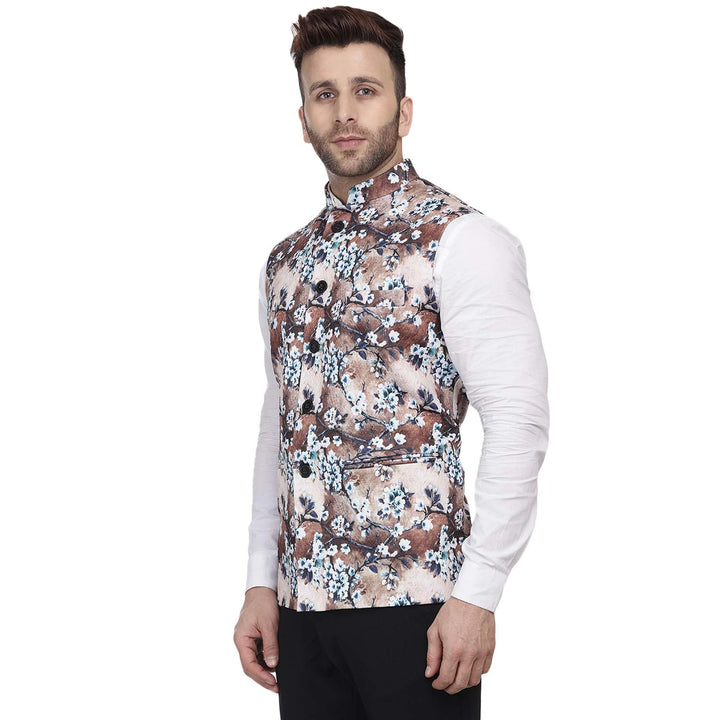 Pure Cotton Beige Nehru Jacket | Elegant Printed Jacket for Celebrations
