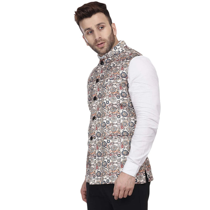 Stylish Silk Blend Jacket | Printed Beige Nehru for Celebrations