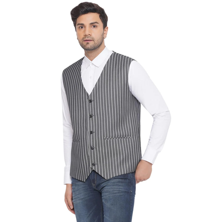 White Striped Waistcoat for Men | Cotton Poly Formal & Casual Wear