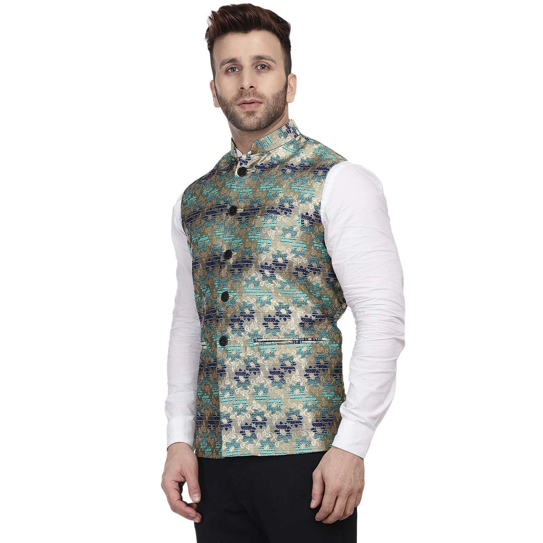 Luxe Sea Green Nehru Jacket | Art Silk with Banarasi Edge