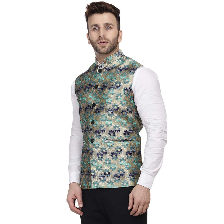 Luxe Sea Green Nehru Jacket | Art Silk with Banarasi Edge