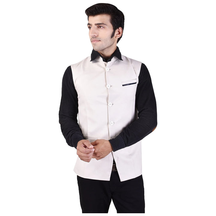 Off White Cotton Blend Nehru Jacket | Elegant Chinese Collar Style