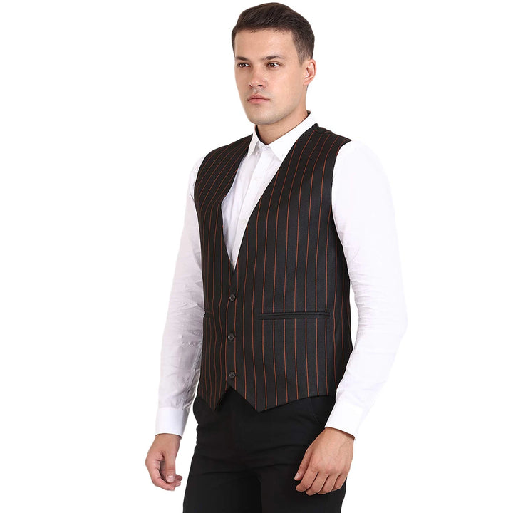 Men’s Striped Black Waistcoat | Poly Cotton Round Neck Design