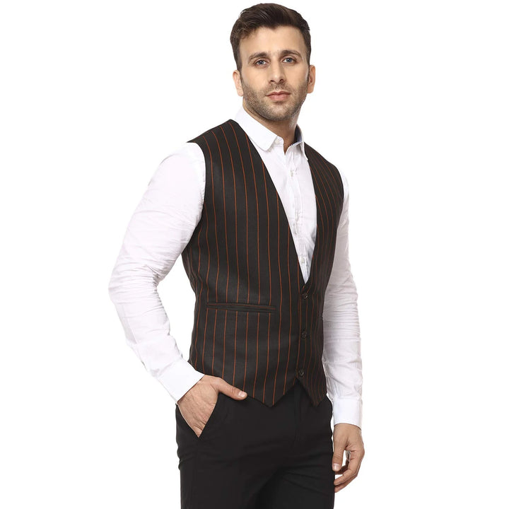 Men's Waist Coat in Black | Striped Poly Cotton Festive Wear