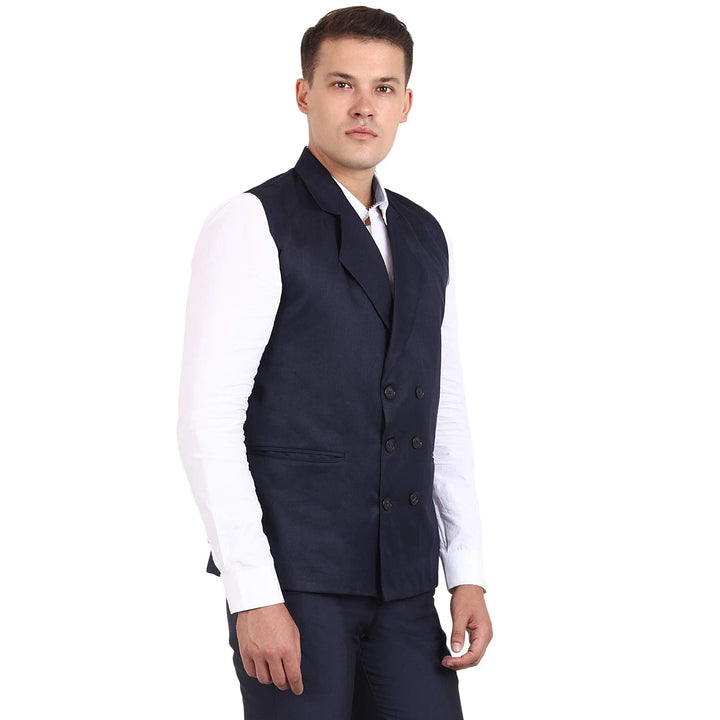 Navy Blue Designer Collar Waistcoat | Poly Cotton for Men