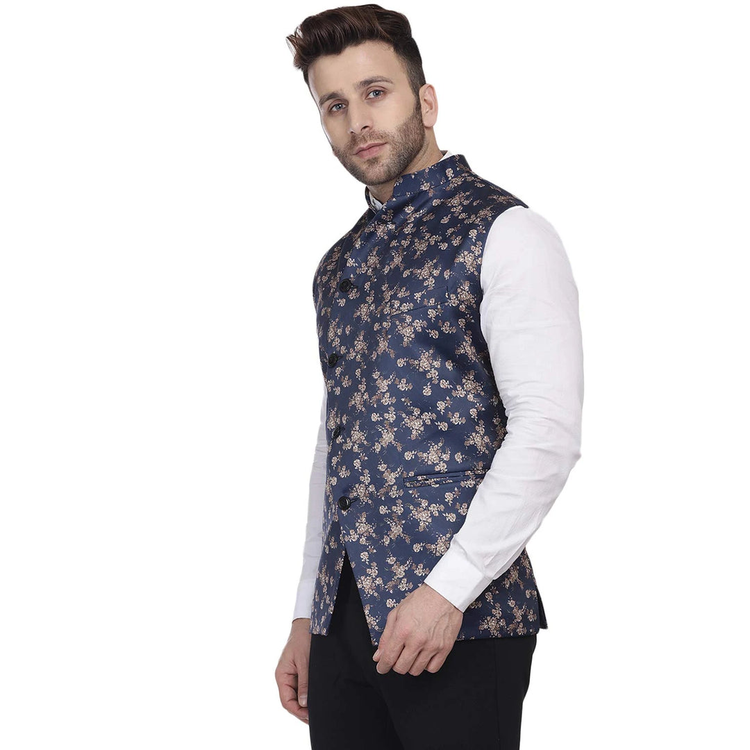 Artful Navy Nehru Jacket | Printed Silk Blend for Weddings