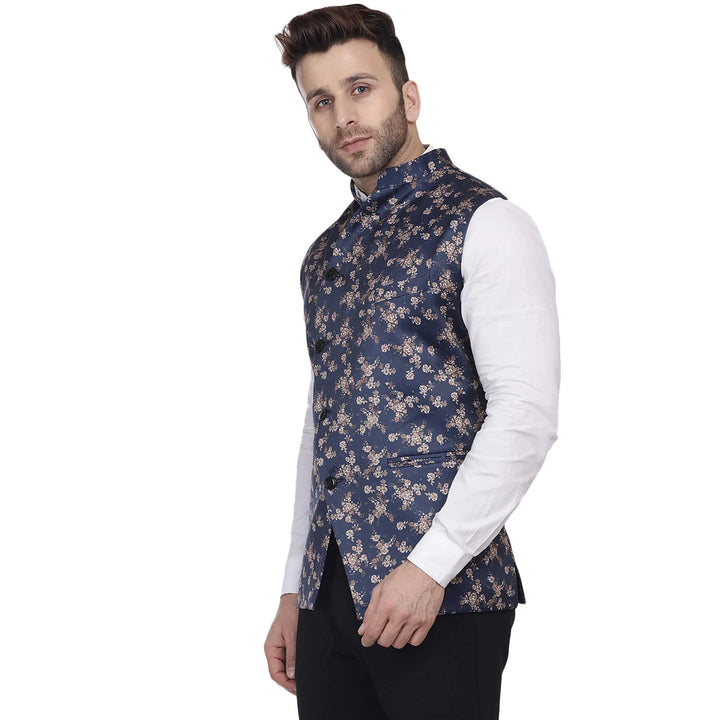 Artful Navy Nehru Jacket | Printed Silk Blend for Weddings
