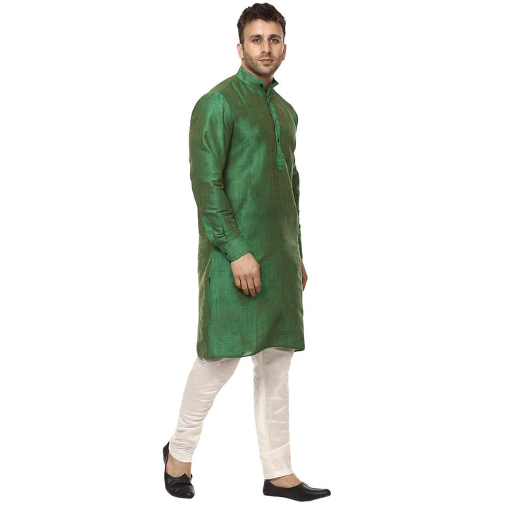Green Ethnic Kurta Set for Men | Classic Plain Raw Silk Look