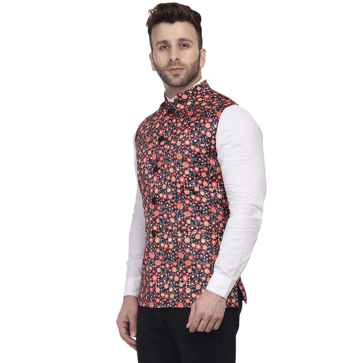 Multi-Colored Print Nehru Jacket | Black Silk Blend Party Style