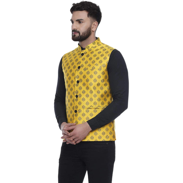 Bright Yellow Silk Nehru Jacket | Jacquard Print for Festive Style