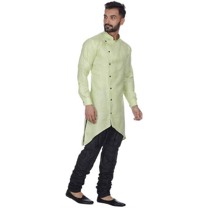 Men's Pista Green Zig Zag Plain Long Cotton Kurta | Machine Weave Fabric
