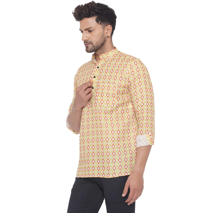 Yellow Festive Short Kurta | Premium Cotton Printed for Men