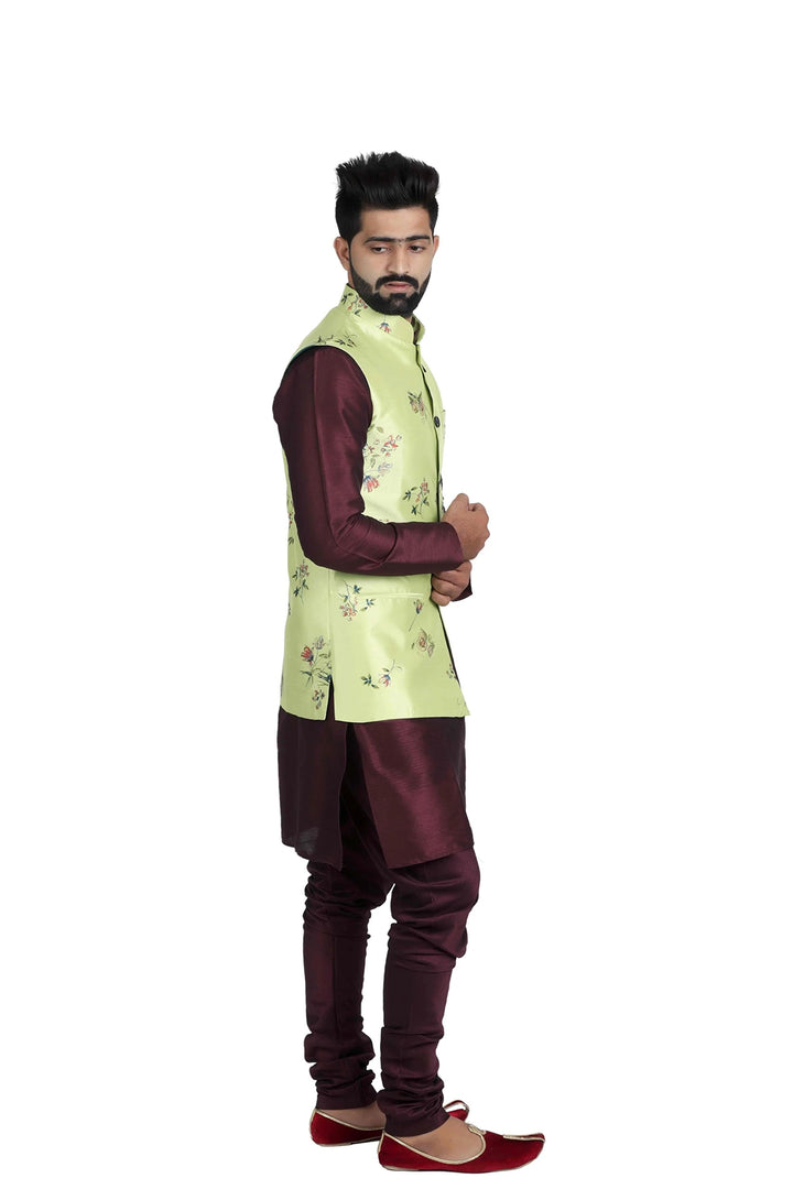 Stylish Printed Nehru Jacket for Men | Light Green Silk Satin
