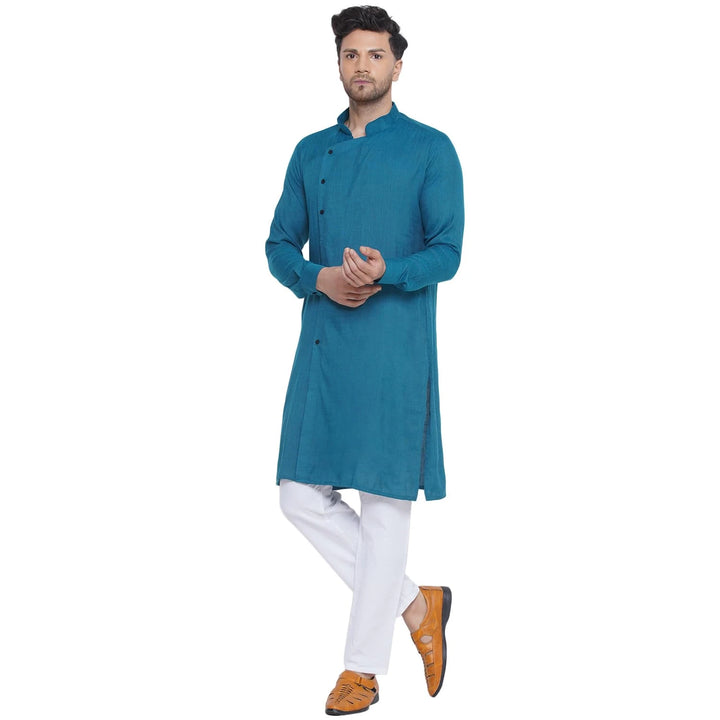 Viscose Rayon Solid Kurta | Teal Blue Men’s Long Festive Wear