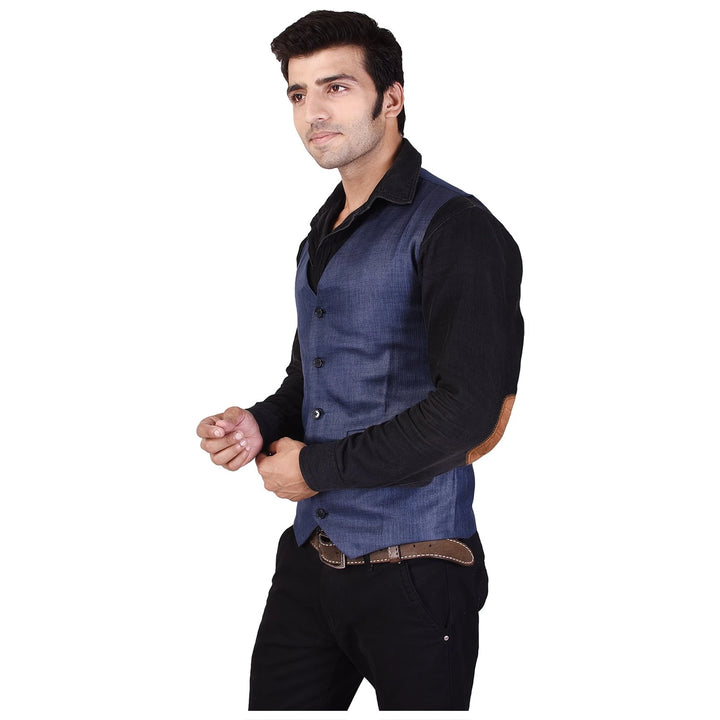 Men's Navy Cotton Poly Waistcoat | Stylish Buttoned Woven Design