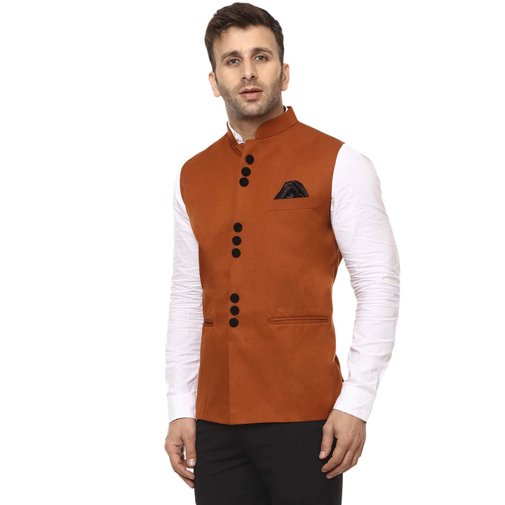 Graceful  Men's Nehru Jacket | Brown Cotton Plain Festive Look