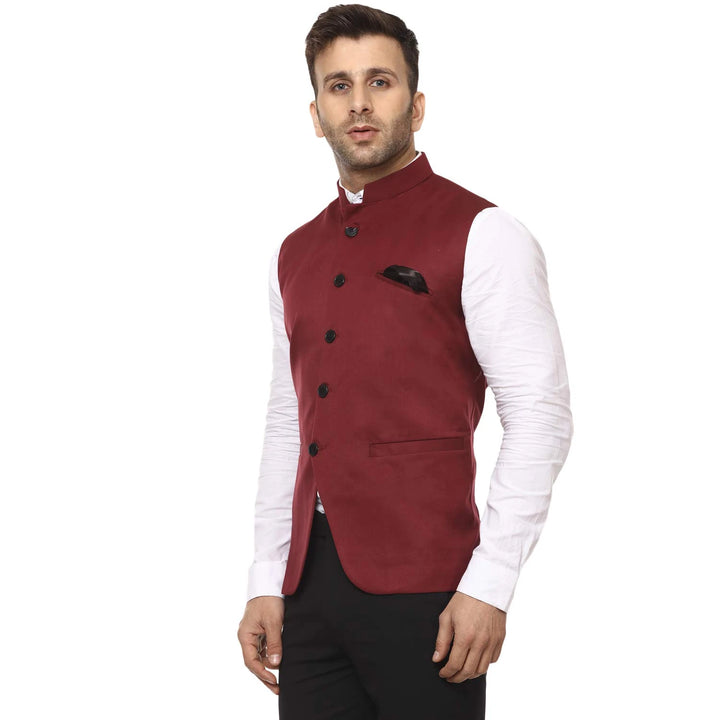 Men's Plain Maroon Jacket | Classic Cotton Blend Nehru Style