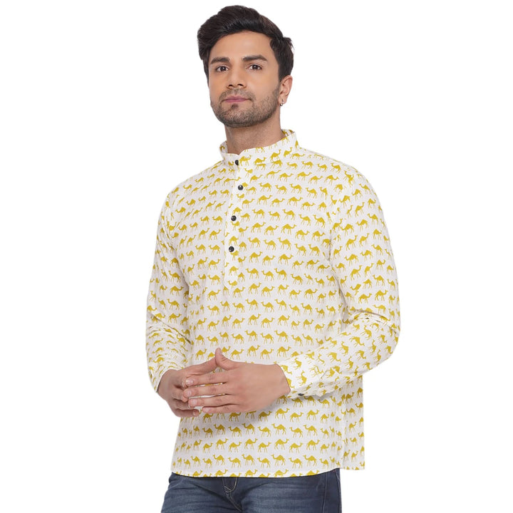 Trendy Cotton Kurta for Men | Sanganeri Camel Printed Classic