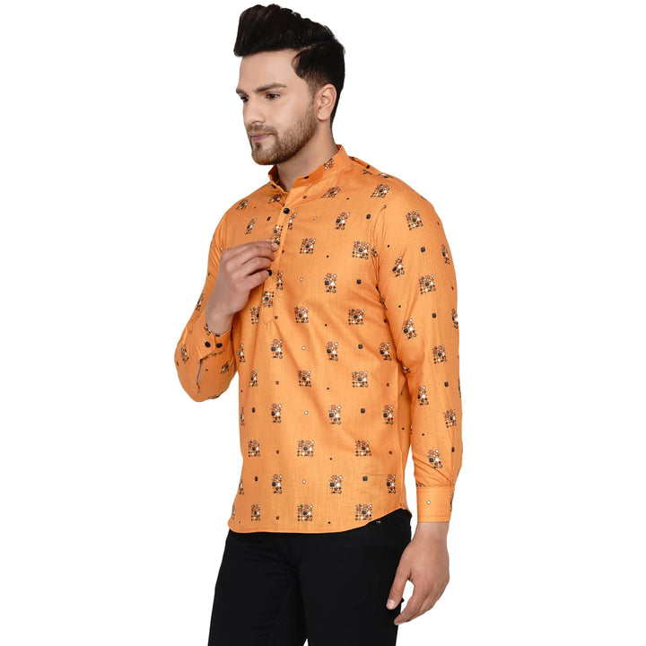 Vibrant Orange Cotton Kurta for Men | Ethnic Print Short Style
