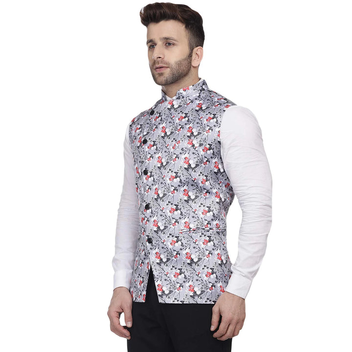 Statement Ethnic Jacket | Gray Silk Blend Printed Nehru Style