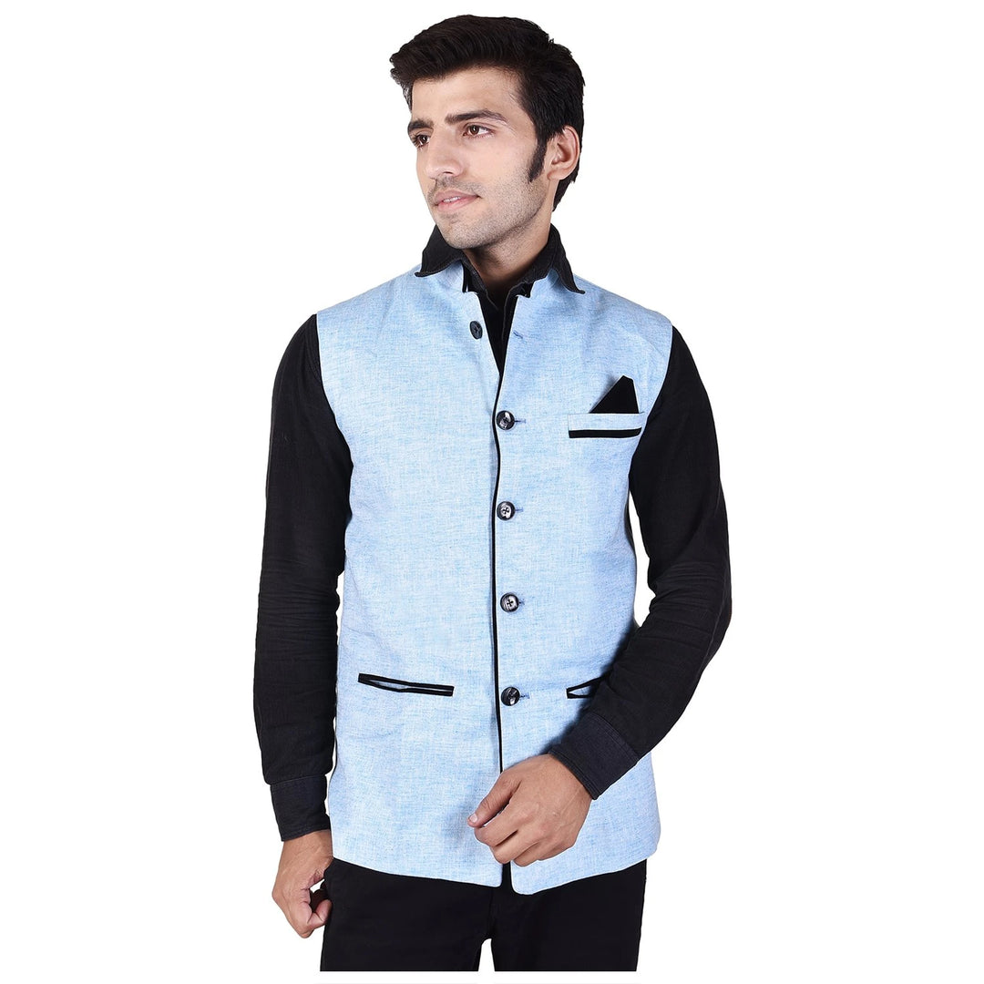 Elegant Nehru Jacket for Men | Sky Blue Cotton Blend Outerwear