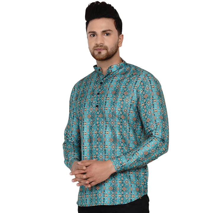 Green Cotton Printed Short Kurta for Men | Stylish Ethnic Wear