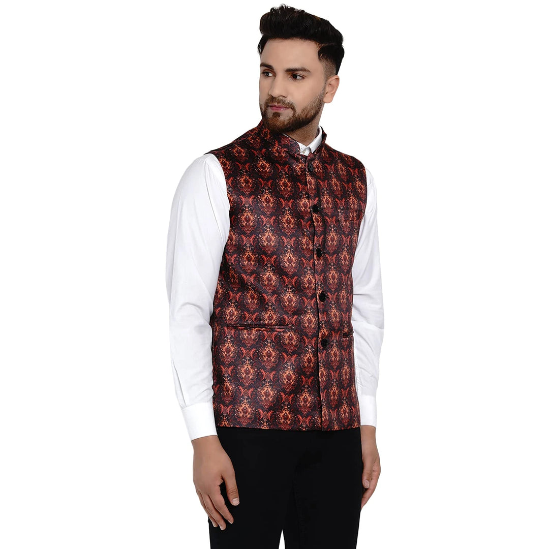Designer Multi Print Nehru Jacket for Men | Brown Silk Blend
