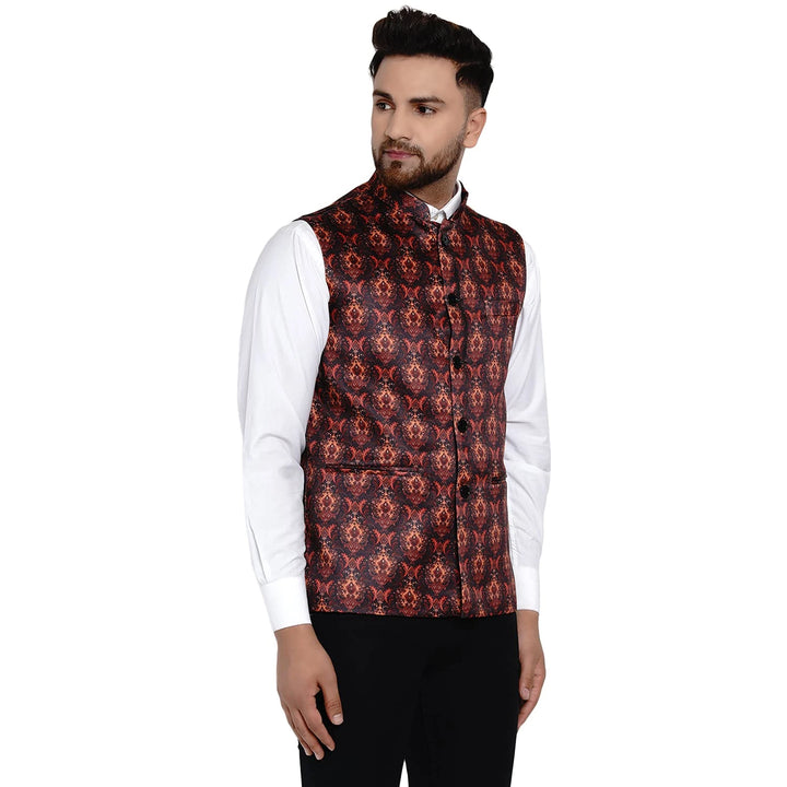 Designer Multi Print Nehru Jacket for Men | Brown Silk Blend