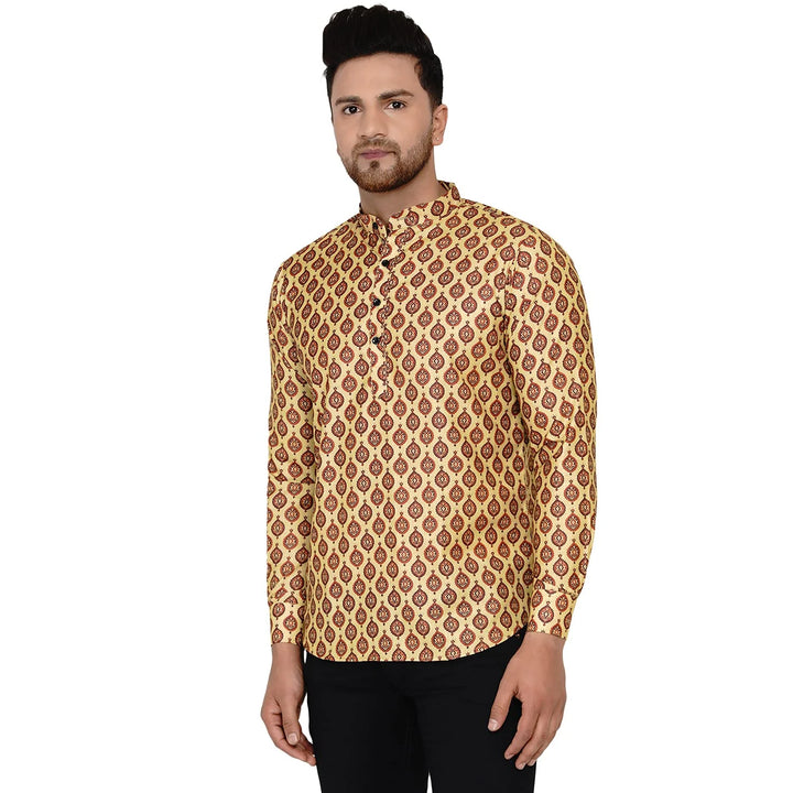 Stylish Men’s Short Kurta in Peach | Cotton with Printed Finish