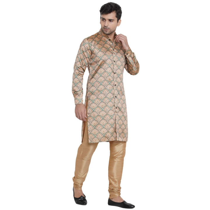 Traditional Beige Sherwani Kurta | Silk Multi Print Design